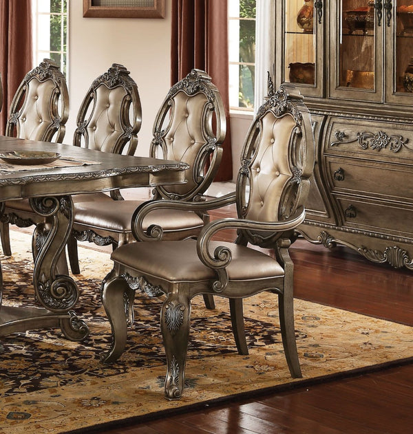 HomeRoots Set of Two Tufted Oak Dining Arm Chairs in Faux Leather - Stylish, Durable Comfort for Any Space 573383