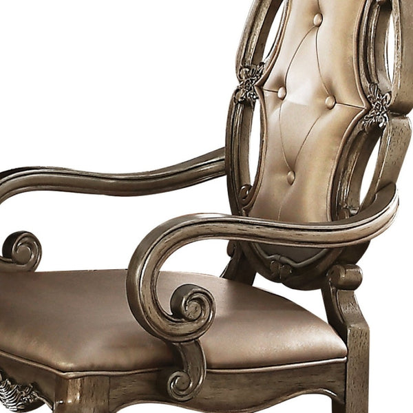 HomeRoots Set of Two Tufted Oak Dining Arm Chairs in Faux Leather - Stylish, Durable Comfort for Any Space 573383