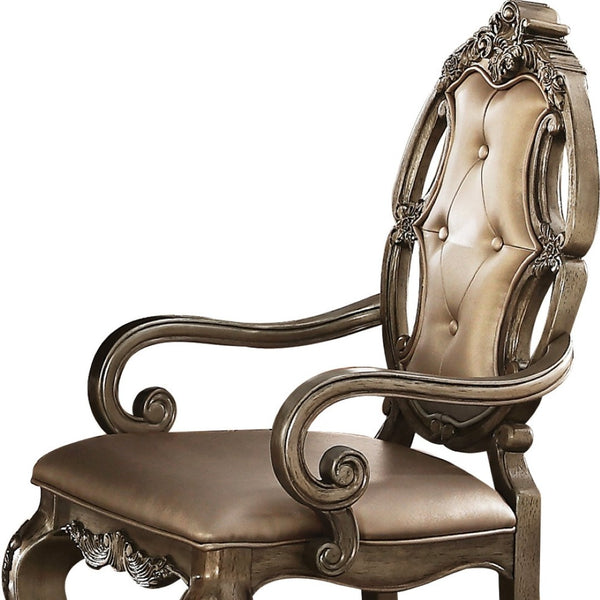 HomeRoots Set of Two Tufted Oak Dining Arm Chairs in Faux Leather - Stylish, Durable Comfort for Any Space 573383