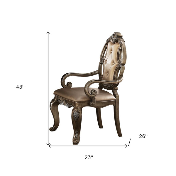 HomeRoots Set of Two Tufted Oak Dining Arm Chairs in Faux Leather - Stylish, Durable Comfort for Any Space 573383