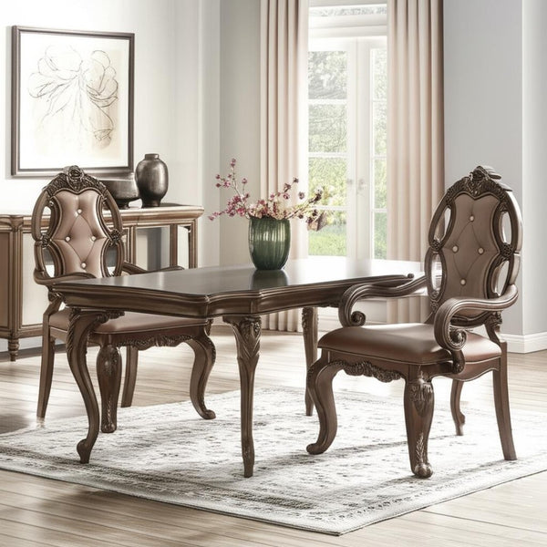 HomeRoots Set of Two Tufted Oak Dining Arm Chairs in Faux Leather - Stylish, Durable Comfort for Any Space 573383