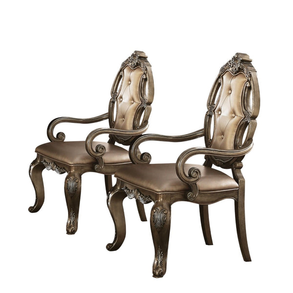 HomeRoots Set of Two Tufted Oak Dining Arm Chairs in Faux Leather - Stylish, Durable Comfort for Any Space 573383