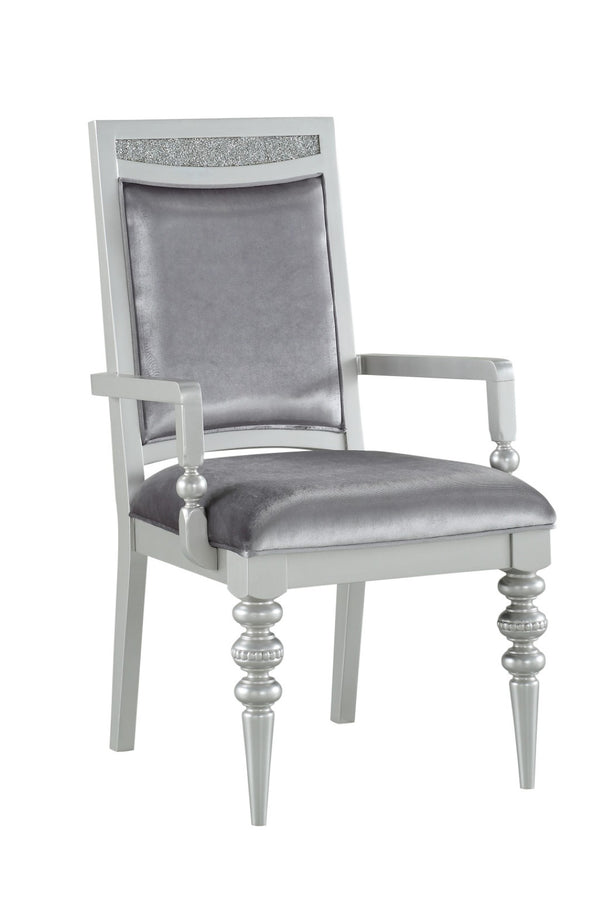 HomeRoots Set of Two Elegant Platinum Upholstered Arm Chairs for Dining, Living, and Versatile Spaces 573385