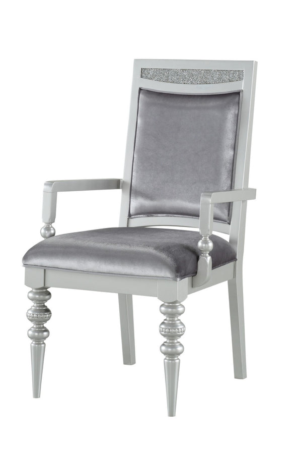 HomeRoots Set of Two Elegant Platinum Upholstered Arm Chairs for Dining, Living, and Versatile Spaces 573385