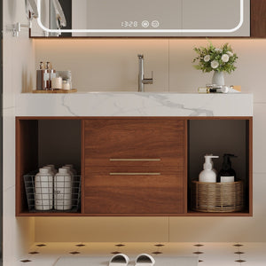 English Elm 39.4 Inch Floating Bathroom Vanity Sintered Stone Top Solid Wood 2 Soft Close Drawers W3136S00034