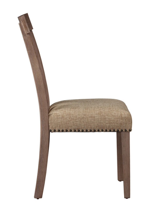 HomeRoots Set of Two Elegant Natural and Brown Upholstered Dining Side Chairs with Slat Back and Nailhead Trim 573391