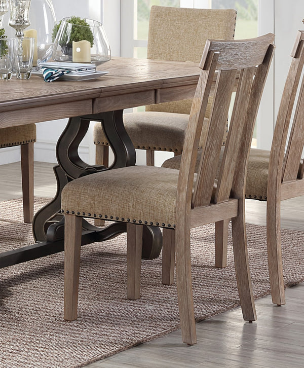 HomeRoots Set of Two Elegant Natural and Brown Upholstered Dining Side Chairs with Slat Back and Nailhead Trim 573391