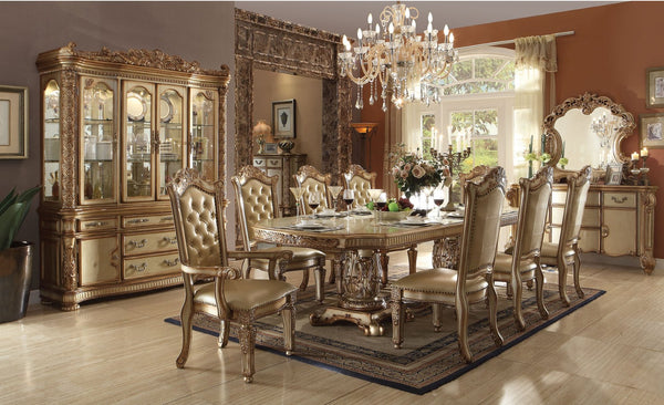 HomeRoots Set of Two Elegant Tufted Faux Leather Dining Side Chairs with Brass Accents for Modern Spaces 573393