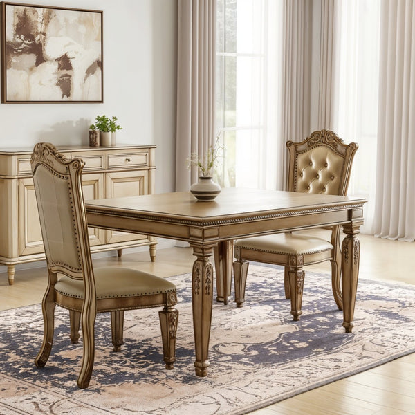 HomeRoots Set of Two Elegant Tufted Faux Leather Dining Side Chairs with Brass Accents for Modern Spaces 573393