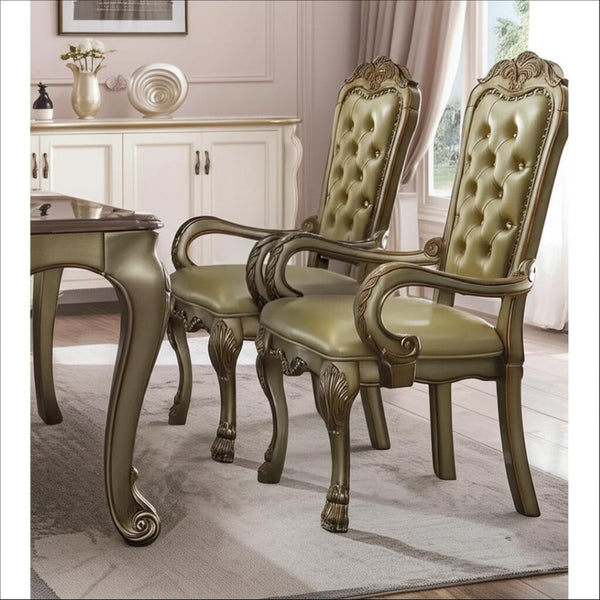 HomeRoots Set of Two Elegant Bone Tufted Faux Leather Dining Arm Chairs for Modern and Traditional Decor 573395