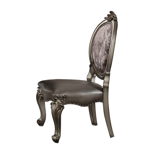 HomeRoots Set of Two King Louis High Back Side Chairs - Silver Faux Leather & Solid Wood for Elegant Spaces 573401