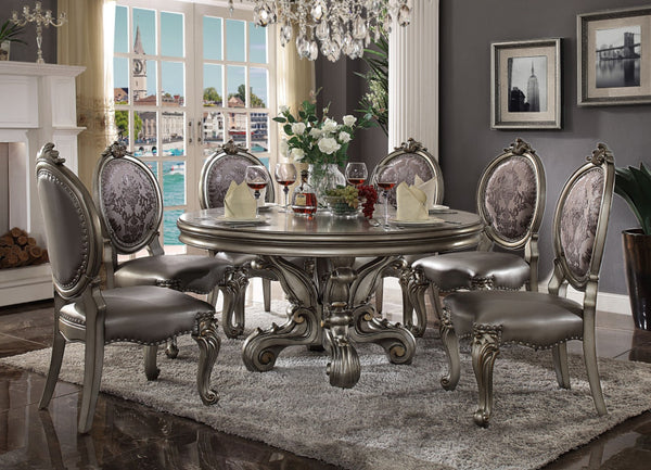 HomeRoots Set of Two King Louis High Back Side Chairs - Silver Faux Leather & Solid Wood for Elegant Spaces 573401