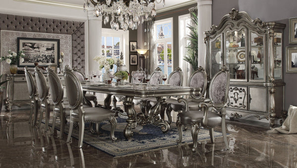 HomeRoots Set of Two King Louis High Back Side Chairs - Silver Faux Leather & Solid Wood for Elegant Spaces 573401