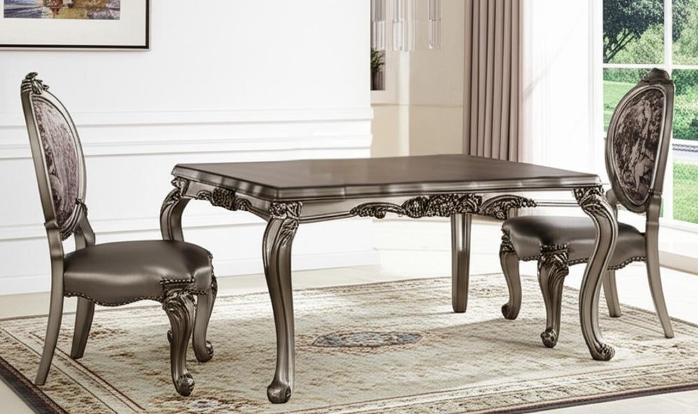 HomeRoots Set of Two King Louis High Back Side Chairs - Silver Faux Leather & Solid Wood for Elegant Spaces 573401