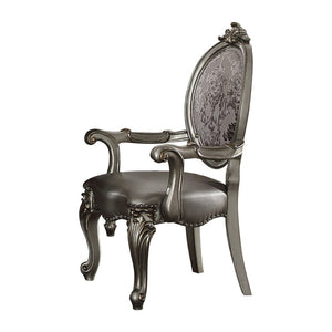 HomeRoots Set of Two Elegant Silver Faux Leather King Louis Dining Arm Chairs with Platinum Finish Legs 573402