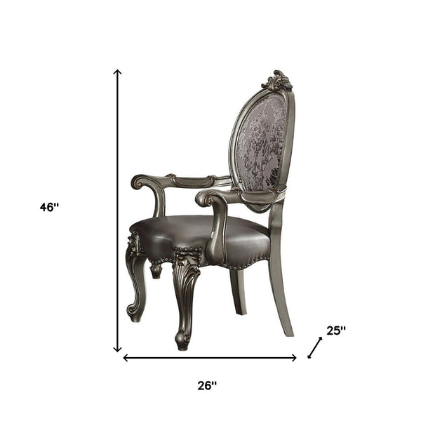 HomeRoots Set of Two Elegant Silver Faux Leather King Louis Dining Arm Chairs with Platinum Finish Legs 573402
