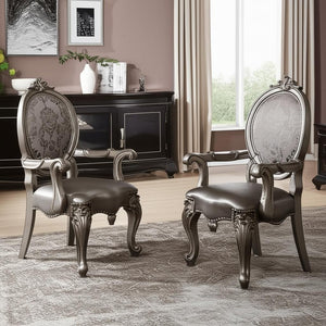 HomeRoots Set of Two Elegant Silver Faux Leather King Louis Dining Arm Chairs with Platinum Finish Legs 573402