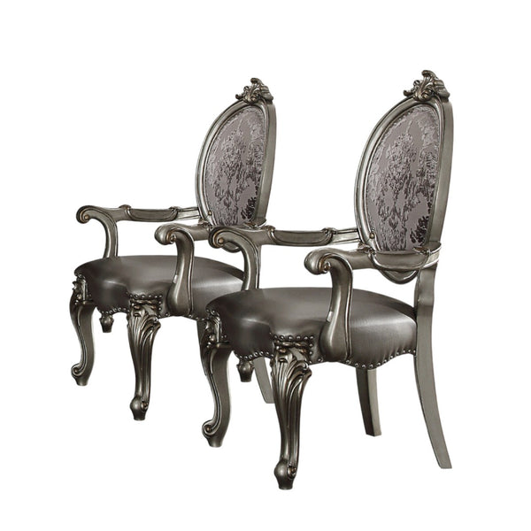 HomeRoots Set of Two Elegant Silver Faux Leather King Louis Dining Arm Chairs with Platinum Finish Legs 573402