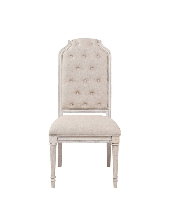 HomeRoots Set of Two Elegant Tufted Antiqued White & Champagne Upholstered Dining Chairs for Versatile Style 573403