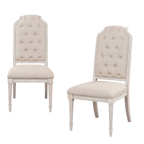 HomeRoots Set of Two Elegant Tufted Antiqued White & Champagne Upholstered Dining Chairs for Versatile Style 573403