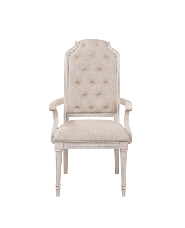 HomeRoots Set of Two Elegant Tufted Antiqued White & Champagne Upholstered Dining Arm Chairs for Any Space 573404