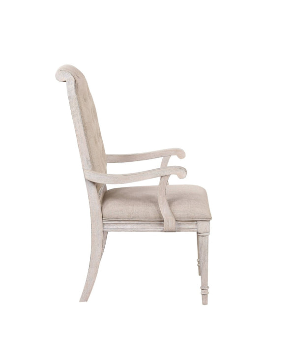 HomeRoots Set of Two Elegant Tufted Antiqued White & Champagne Upholstered Dining Arm Chairs for Any Space 573404