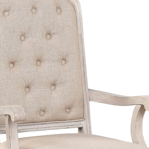 HomeRoots Set of Two Elegant Tufted Antiqued White & Champagne Upholstered Dining Arm Chairs for Any Space 573404