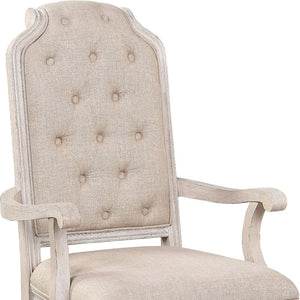 HomeRoots Set of Two Elegant Tufted Antiqued White & Champagne Upholstered Dining Arm Chairs for Any Space 573404