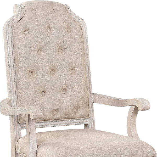 HomeRoots Set of Two Elegant Tufted Antiqued White & Champagne Upholstered Dining Arm Chairs for Any Space 573404