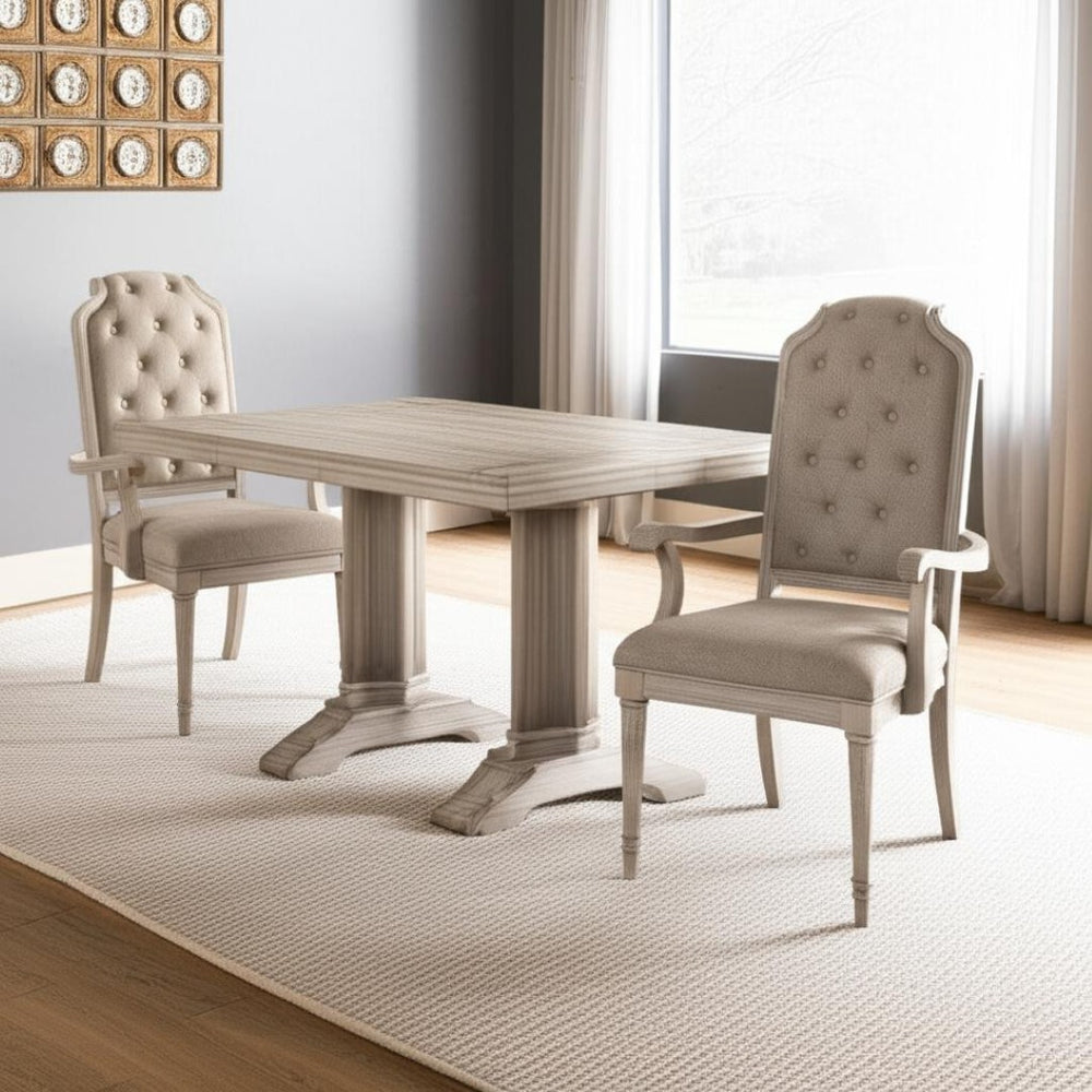 HomeRoots Set of Two Elegant Tufted Antiqued White & Champagne Upholstered Dining Arm Chairs for Any Space 573404