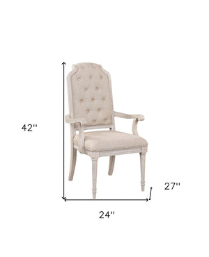 HomeRoots Set of Two Elegant Tufted Antiqued White & Champagne Upholstered Dining Arm Chairs for Any Space 573404