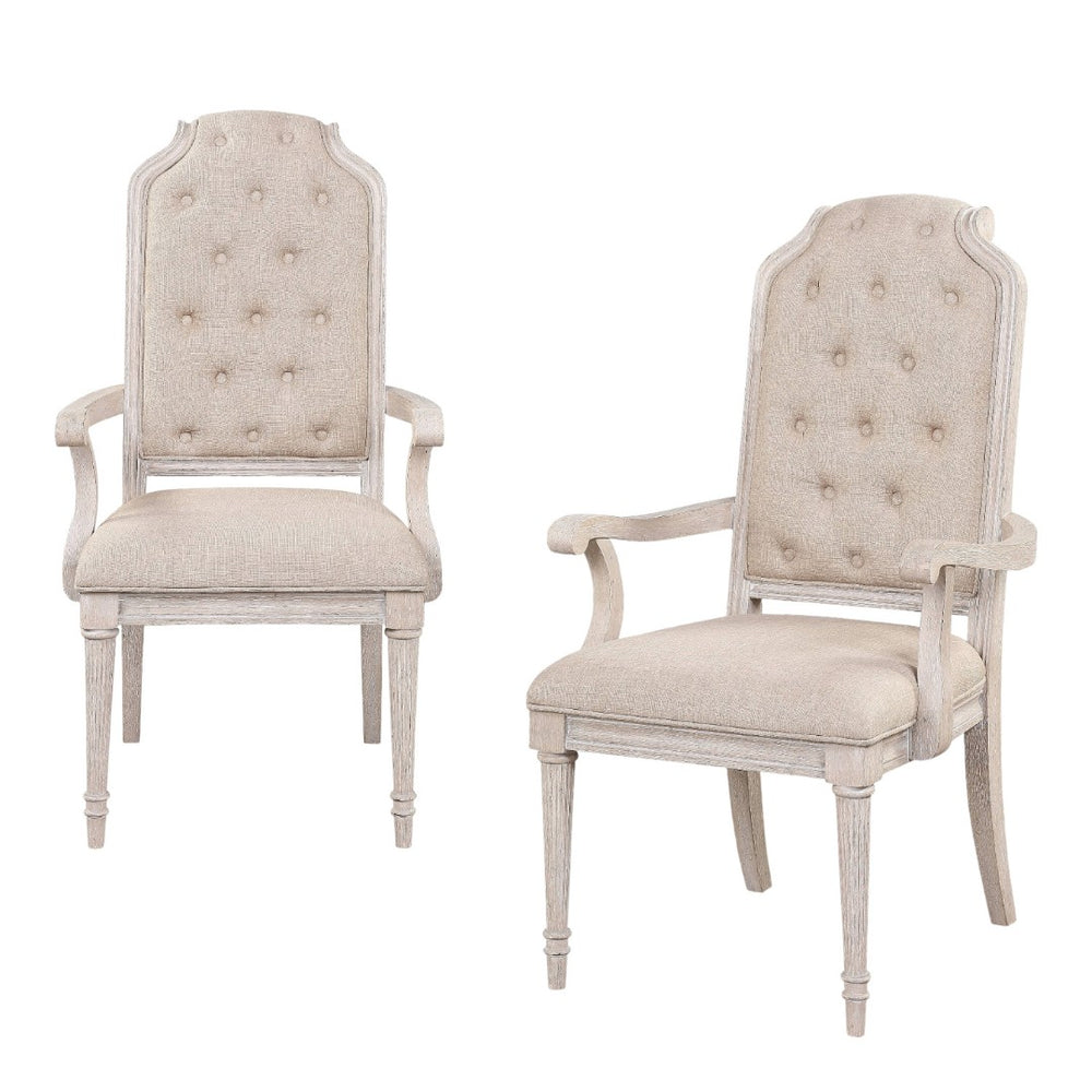 HomeRoots Set of Two Elegant Tufted Antiqued White & Champagne Upholstered Dining Arm Chairs for Any Space 573404