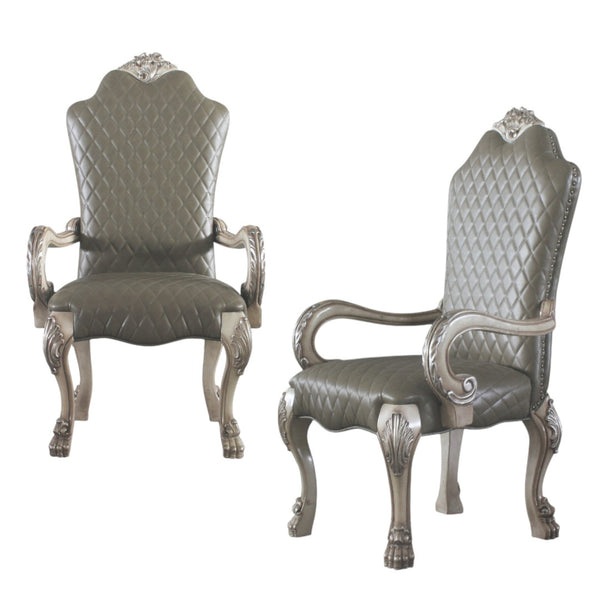 HomeRoots Set of Two Stylish Tufted Gray Faux Leather Dining Arm Chairs – Versatile & Easy-Care Seating 573406