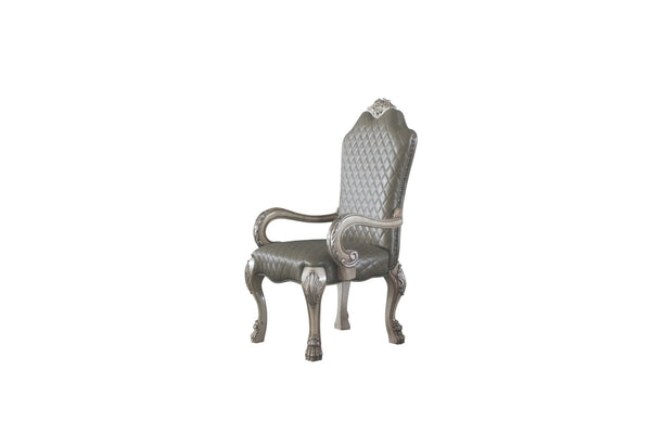 HomeRoots Set of Two Stylish Tufted Gray Faux Leather Dining Arm Chairs – Versatile & Easy-Care Seating 573406