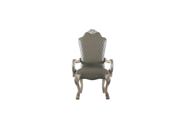 HomeRoots Set of Two Stylish Tufted Gray Faux Leather Dining Arm Chairs – Versatile & Easy-Care Seating 573406