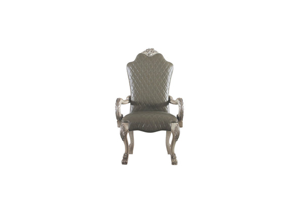HomeRoots Set of Two Stylish Tufted Gray Faux Leather Dining Arm Chairs – Versatile & Easy-Care Seating 573406