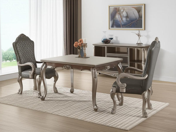 HomeRoots Set of Two Stylish Tufted Gray Faux Leather Dining Arm Chairs – Versatile & Easy-Care Seating 573406