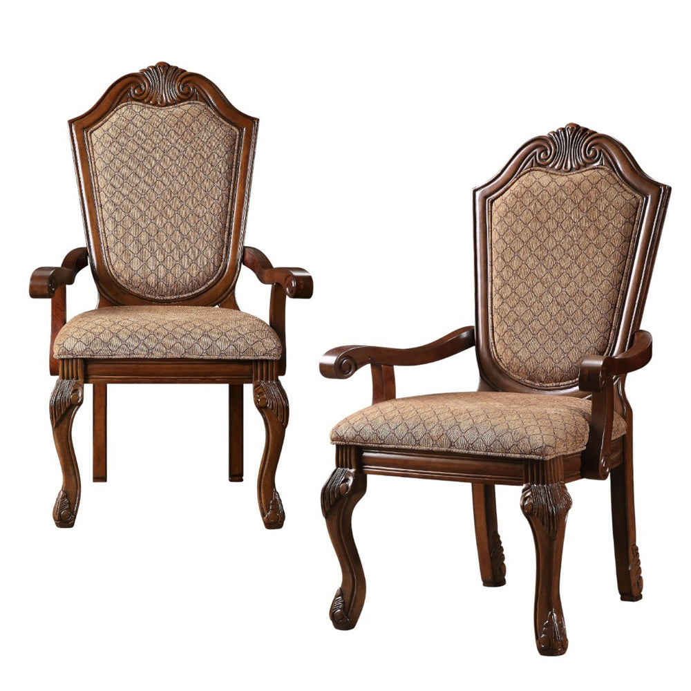 HomeRoots Set of Two Tan Upholstered Dining Arm Chairs with Redwood Legs - Stylish, Versatile, and Durable Seating 573409