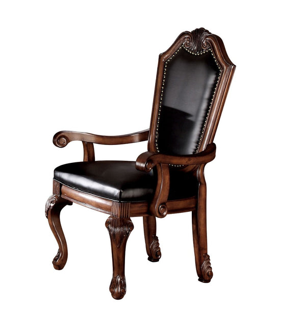 HomeRoots Set of Two Stylish Black and Redwood Faux Leather Dining Arm Chairs for Elegant Home Décor 573411