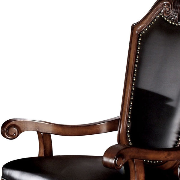 HomeRoots Set of Two Stylish Black and Redwood Faux Leather Dining Arm Chairs for Elegant Home Décor 573411