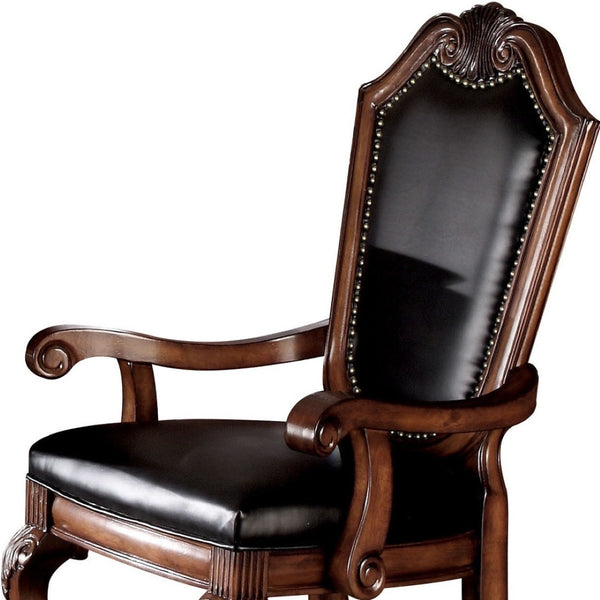 HomeRoots Set of Two Stylish Black and Redwood Faux Leather Dining Arm Chairs for Elegant Home Décor 573411