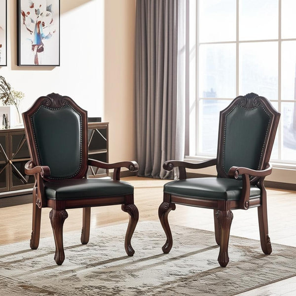 HomeRoots Set of Two Stylish Black and Redwood Faux Leather Dining Arm Chairs for Elegant Home Décor 573411