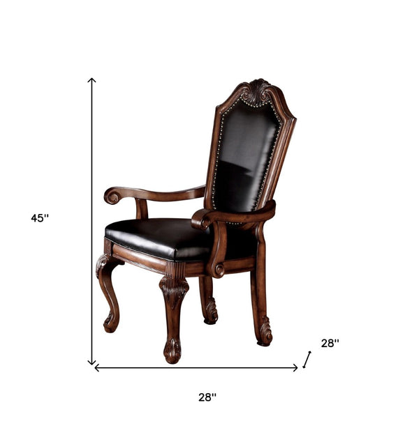 HomeRoots Set of Two Stylish Black and Redwood Faux Leather Dining Arm Chairs for Elegant Home Décor 573411