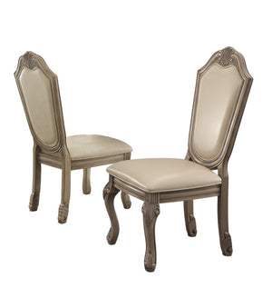 HomeRoots Set of Two Elegant Antiqued White Faux Leather Dining Chairs with Supportive Queen Anne Legs 573412