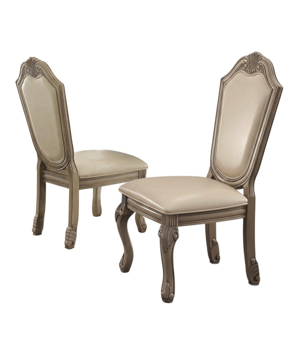HomeRoots Set of Two Elegant Antiqued White Faux Leather Dining Chairs with Supportive Queen Anne Legs 573412