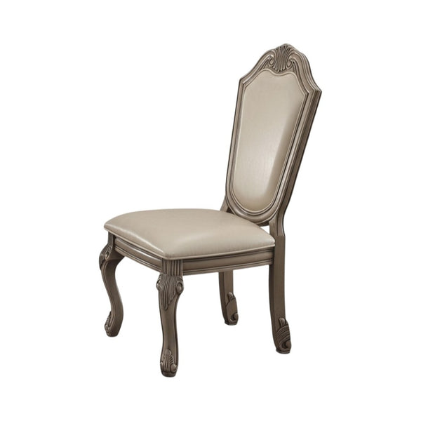 HomeRoots Set of Two Elegant Antiqued White Faux Leather Dining Chairs with Supportive Queen Anne Legs 573412