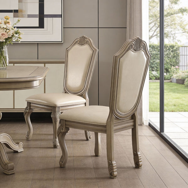 HomeRoots Set of Two Elegant Antiqued White Faux Leather Dining Chairs with Supportive Queen Anne Legs 573412
