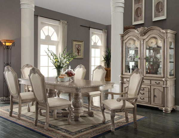 HomeRoots Set of Two Elegant Antiqued White Faux Leather Dining Chairs with Supportive Queen Anne Legs 573412