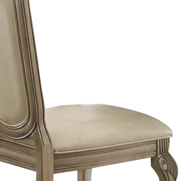 HomeRoots Set of Two Elegant Antiqued White Faux Leather Dining Chairs with Supportive Queen Anne Legs 573412