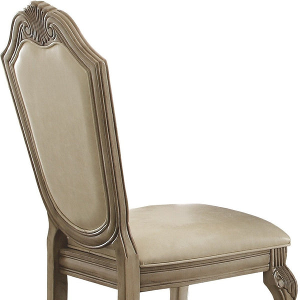 HomeRoots Set of Two Elegant Antiqued White Faux Leather Dining Chairs with Supportive Queen Anne Legs 573412